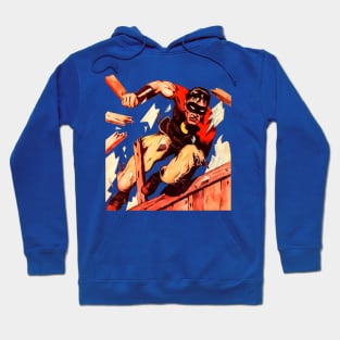 Masked Superhero Force Action Jump Breaking Glass Window Door Le Causeur Redoutable Trio Retro Comic Vintage Old Cartoon Hoodie